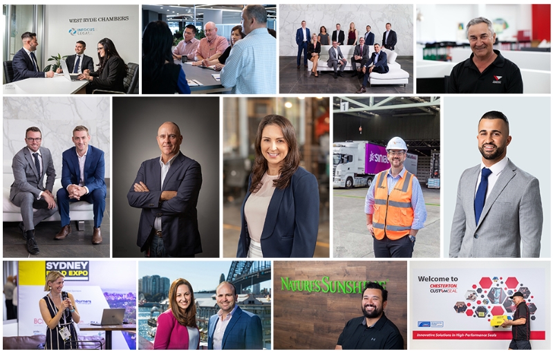 Corporate photography sydney examples banner showing headshots, staff photos, team shots, group shots, lifestyle corporate photos.