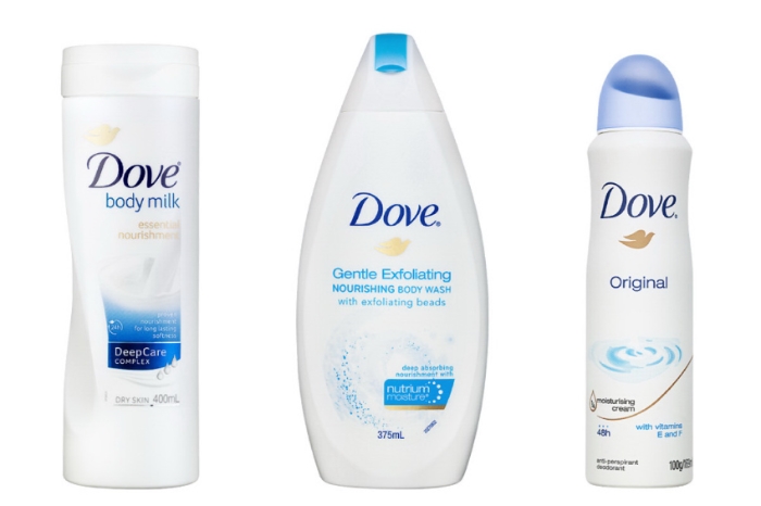 Commercial product photography of 3 FMCG grocery products on a white background.