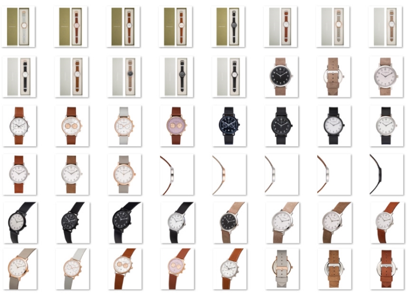 Eecommerce product shots of watches on a white background showing the packaging and watch details.