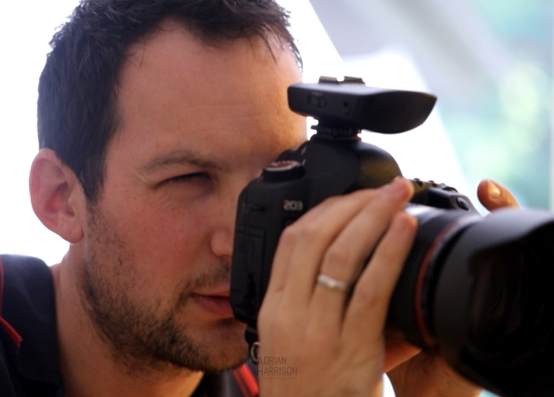 Closeup of photographer with a professional camera.